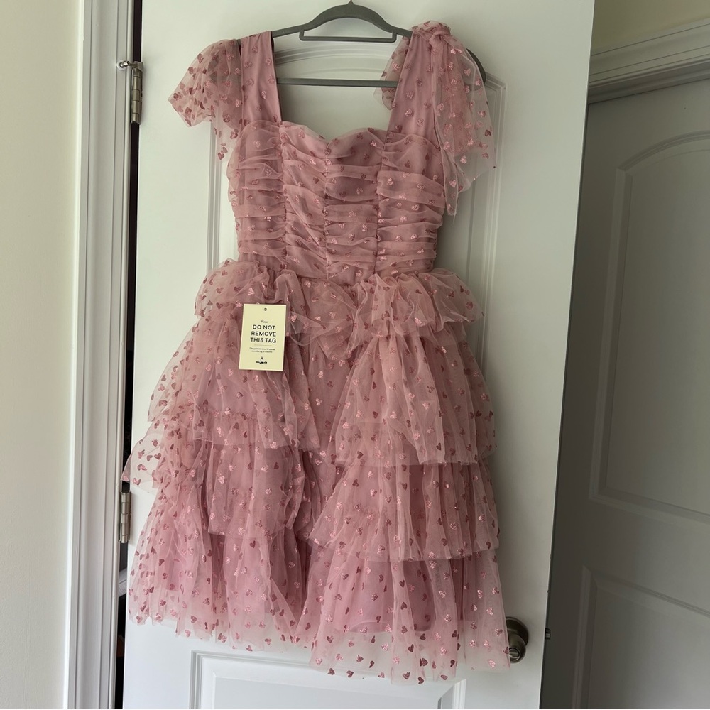 JessaKae Valentina Pink XS Tulle Glitter Hearts Ruffle Tie Sleeveless Mini Dress